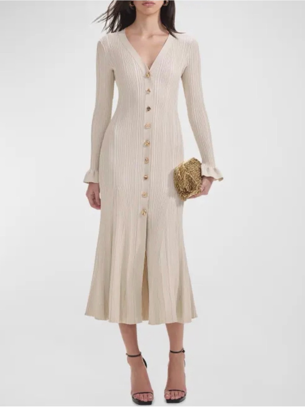 Self-Portrait Cream Ribbed Button-Front Long Sleeve Midi Dress